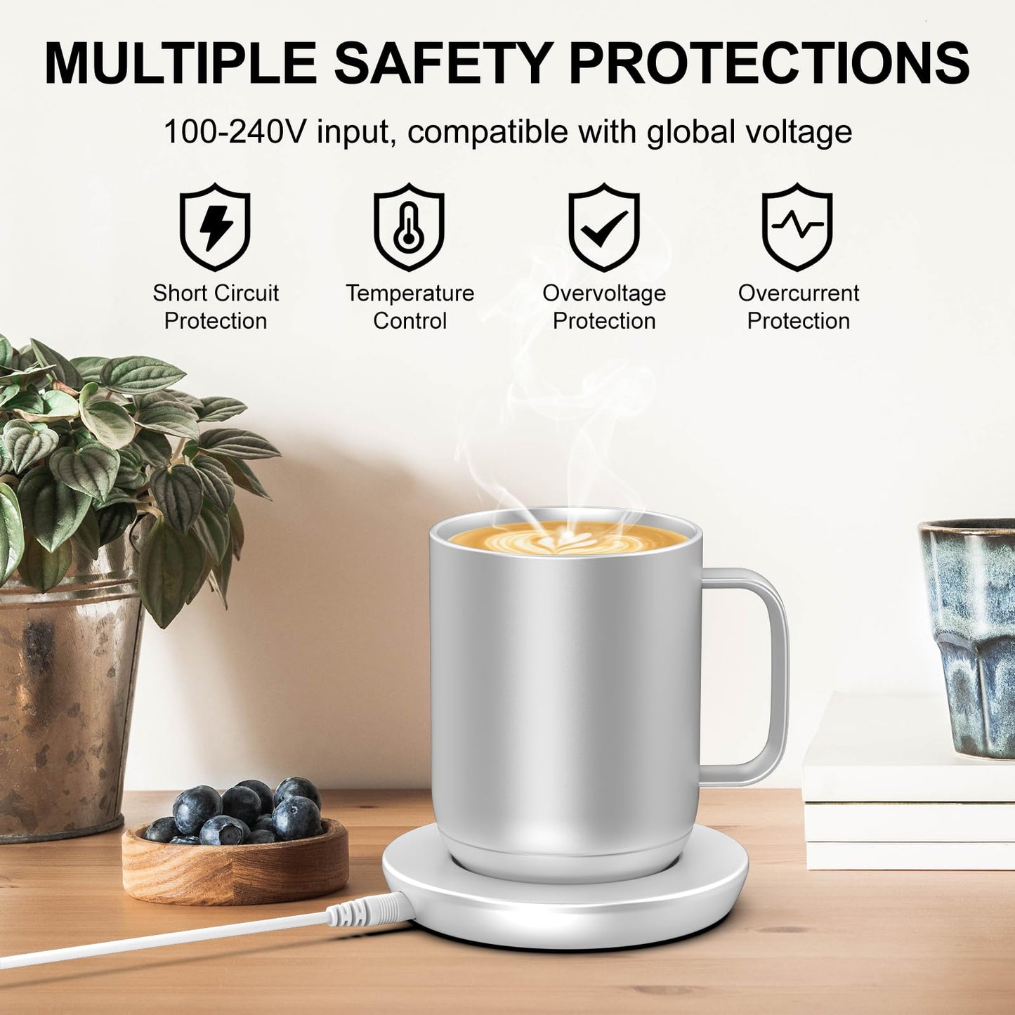 Underhub Charging Coaster 2 Compatible with Embo Temperature Control Smart Mug 2 and 1 - Mug Power Cord - Charger Dock Base for Wireless Warmer Cup Accessories (Silver White)
