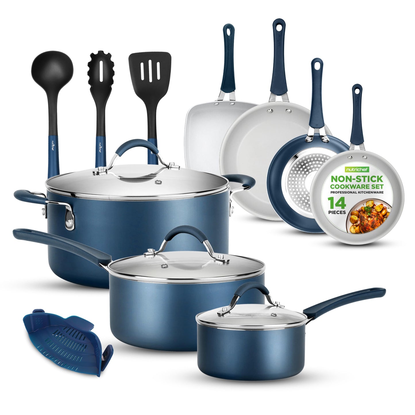NutriChef 14-Piece Navy Blue Nonstick Cookware Set - Durable Pots and Pans Set with Lids & Utensils, Compatible with All Cooktops