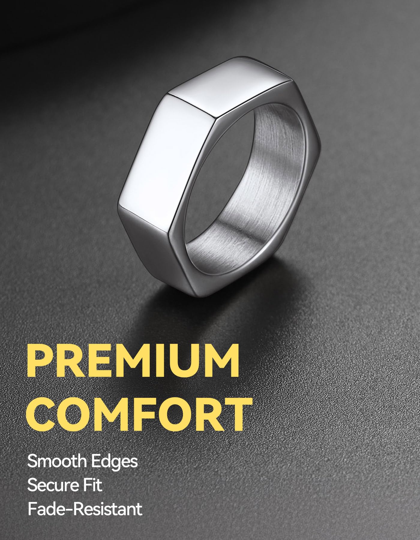 ChainsHouse Men's Punk Stainless Steel Gothic Screw Edge Hexagon Geometric Biker Ring Bands, Size 14