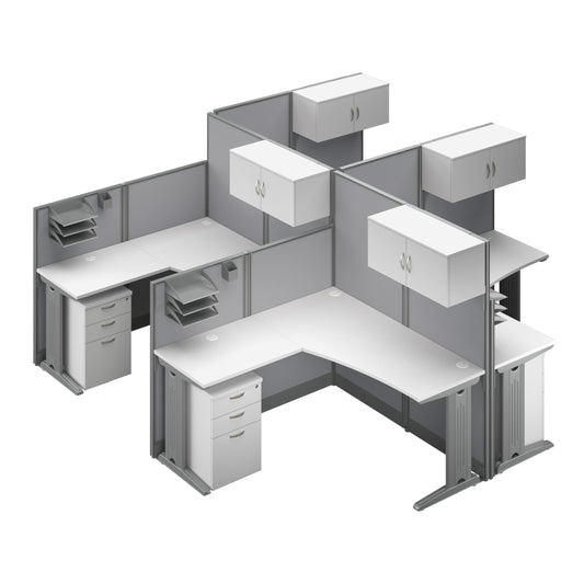 Bush Business Furniture Office in an Hour 4 Person L Shaped Cubicle Desks with Storage, Drawers, and Organizers in Pure White