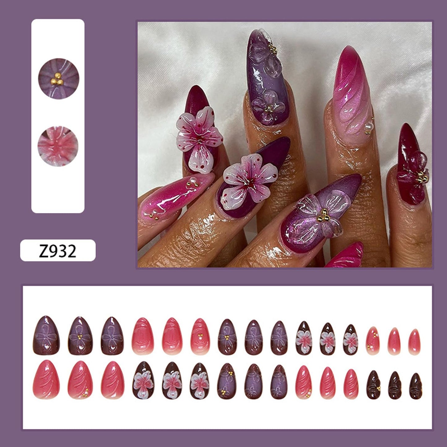 3D Flowers Press on Nails Medium Almond Fake Nails Cute Flower False Nails with Pearls Nail Charms Pink White Gradient Floral Design French Tip Press on Artificial Nails for Women DIY Decor Daily Wear