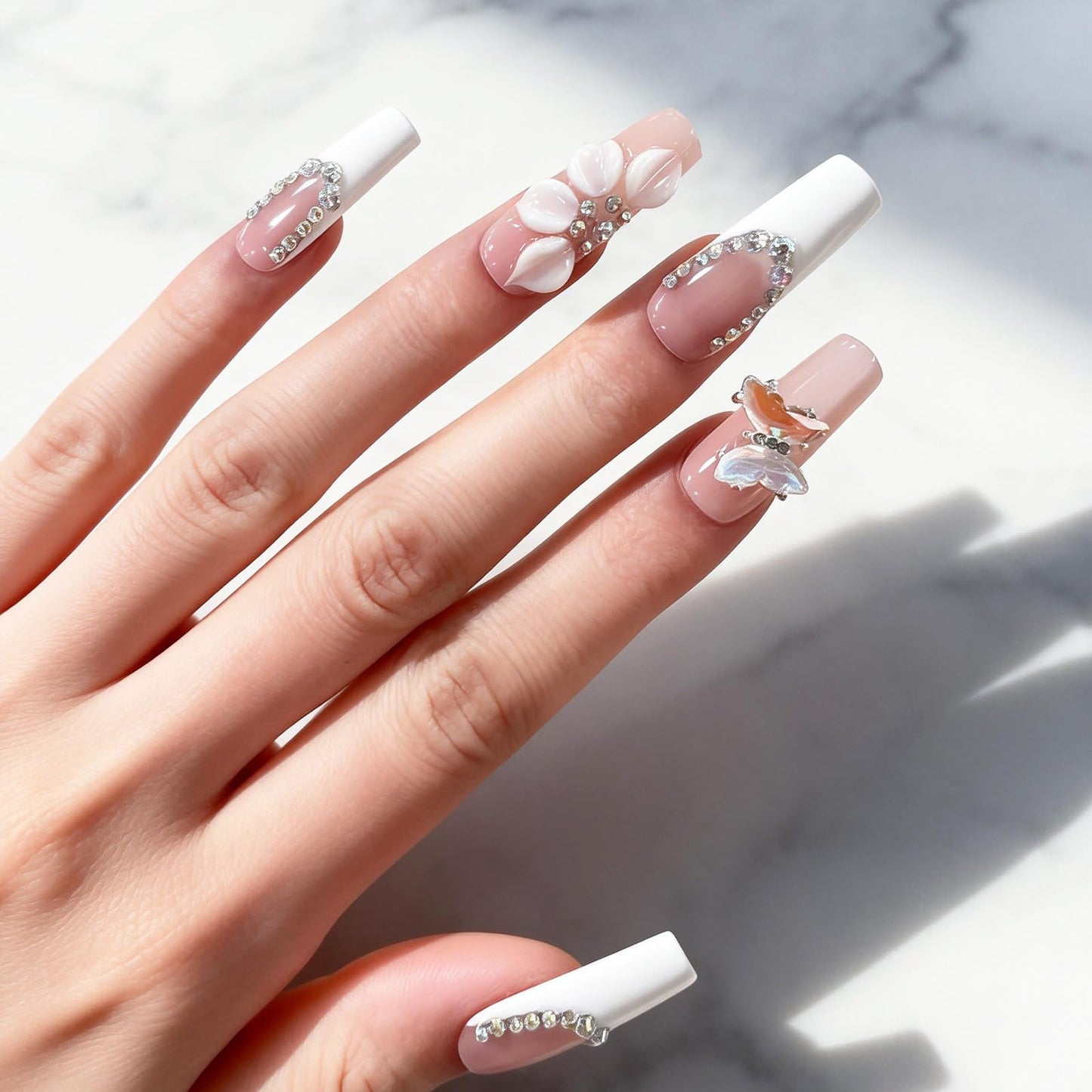 Luxury Handmade Press on Nails - Long Square White French Tips Press on Nai,l with Almond 3D Rhinestones, Flowers & Butterflies, Acrylic Multi-Layer Gel False Nails for Women (10Pcs) S SIZE