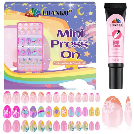 78PCS Kid Press on Nails, EBANKU 3 Pack Children Fake Nail Kit Full Cover Short False Fingernails with Nail Glue for Girl Nail Decoration（Pink Flower）