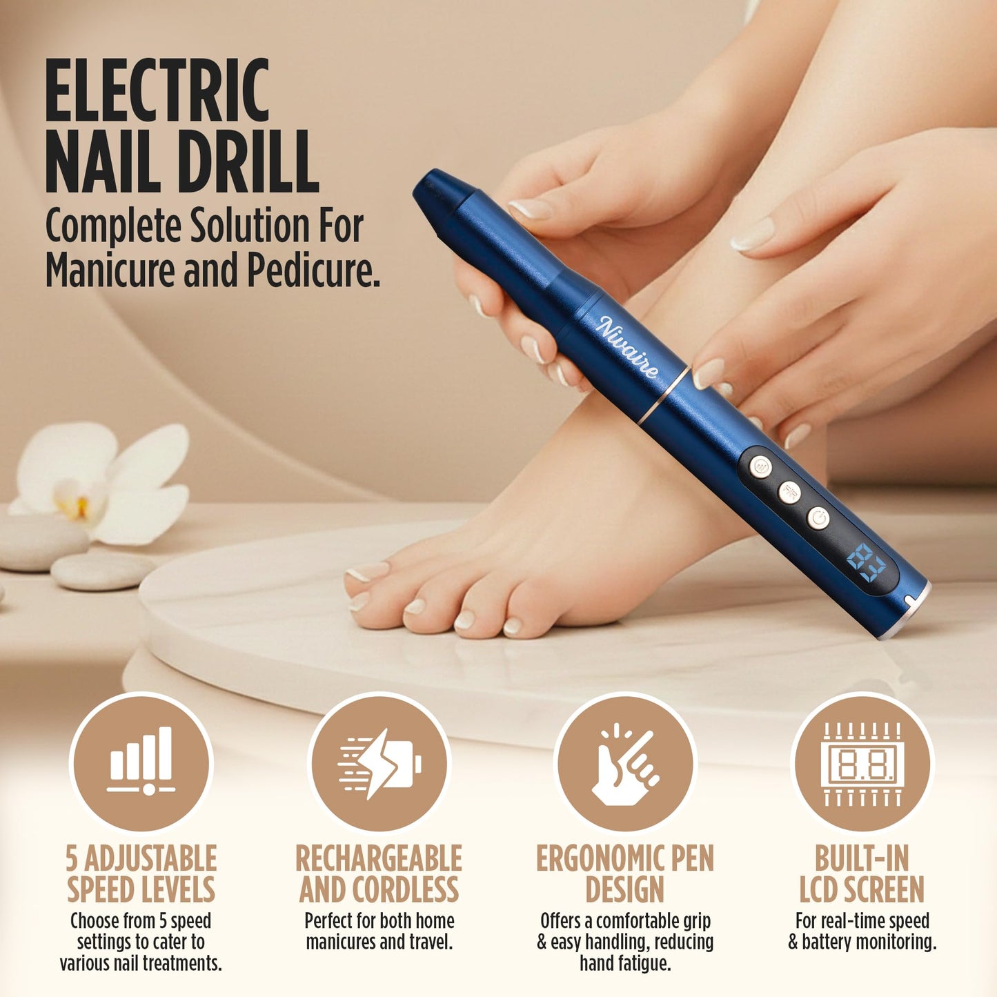 Cordless Nail Drill Professional Kit - Nail Filer Electric - 8 Drill Bits, 1 Ceramic Bit, 6 Sanding Bands, 5 Speed Levels - Electric Manicure Set, Nail Polisher - Portable, Rechargeable (Navy Blue)