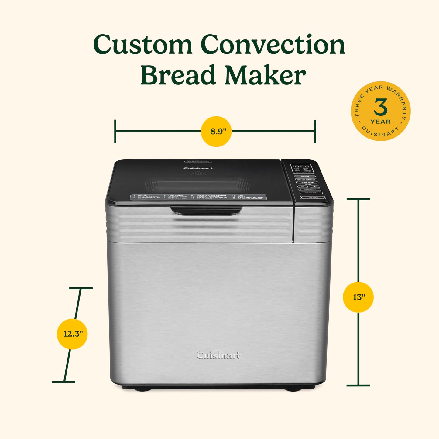 Cuisinart Bread Maker Machine, Stainless Steel Convection Bread Machine with 16 Menu Options, 3 Loaf Sizes Up to 2 Lb., 3 Crust Colors, Includes Measuring Cup, Spoon & Kneading Hook, CBK-210