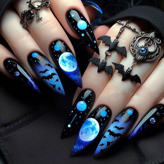 Almond Tip Halloween Press on Nails Long Horror Bat Moon Pattern Halloween Nail Full Cover Glossy Artificial Acrylic False Nail French Tip Blue Gradient Stick on Nails for Women Festival Decoration