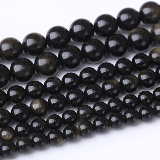 10MM Black Golden Obsidian Round Loose Beads Natural Gem Beads Crystal Energy Stone Beads for Jewelry Making DIY Bracelet Necklace