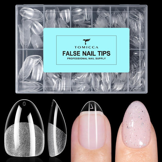 TOMICCA Extra Short Almond Nail Tips, 504pcs Pre-Shaped Soft Acrylic Gel Nail Tips Almond Shape Clear Press on Nails Extensions False Nails Full Cover for Professional Salon and Beginner 12 Sizes