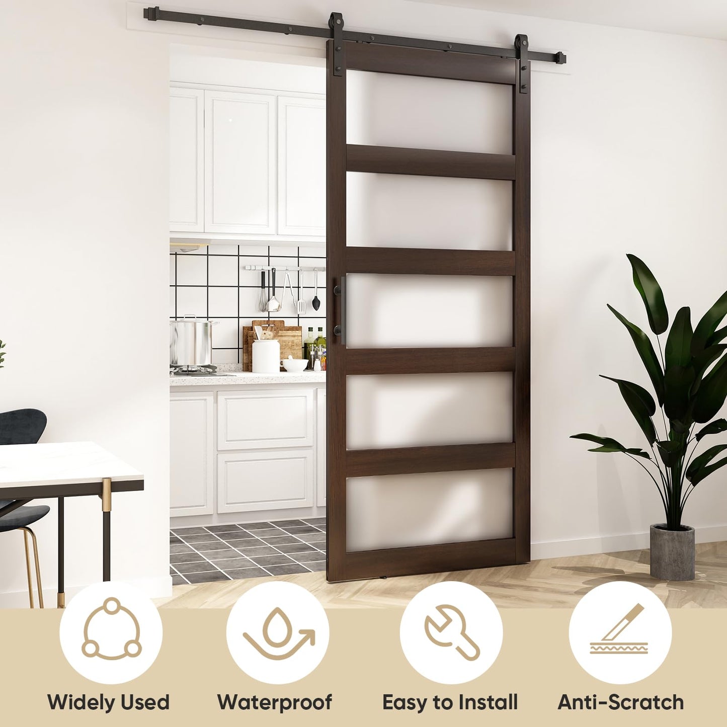 BARNSMITH 48in x 96in Glass Barn Door and 8FT Sliding Door Hardware Included, 5-Panel Frosted Glass Sliding Barn Door, Solid Wood Covered with Water-Proof PVC Surface, Easy Assembly, Brown