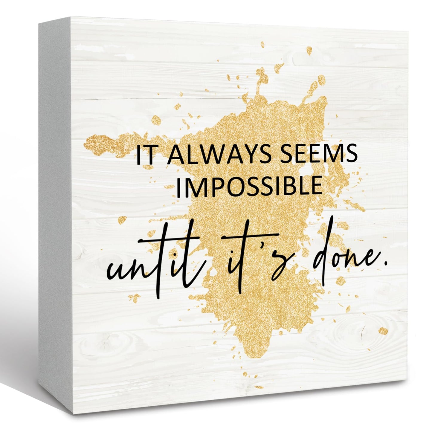 KFXHANGD Office Gold Wooden Box Sign Desk Inspiring Quotes It Always Seems Impossible Until It's Done Office Motivational Decorative Signs for Office, Inspirational Home Shelf Desk Decor 5x5 Inch