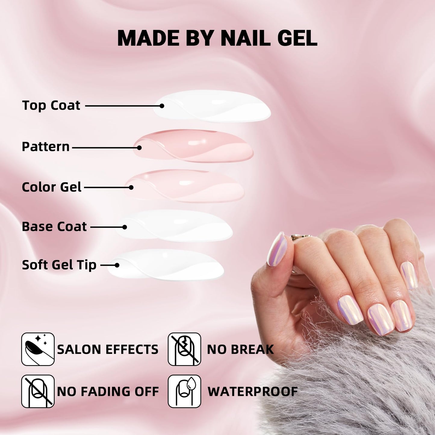 Wooyas Chrome Press on Nails Short, Light Pink Aurora Nails Magic Mirror Effect Fake Nails, Pink Handmade Reflective Mirror Square Stick On Nails Reusable, 24 Nail Kit with Jelly Glue Pad for Women