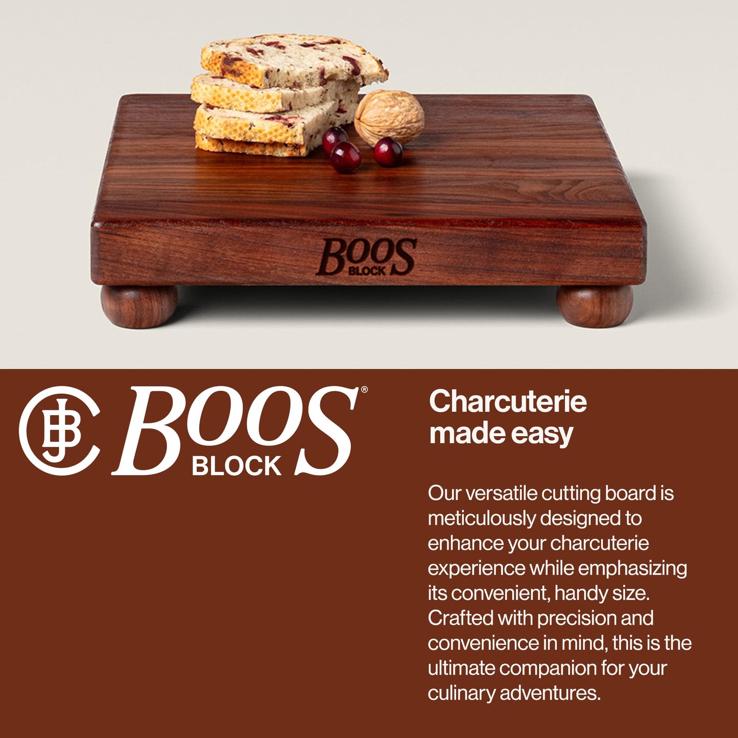 John Boos B Series Square Wooden Walnut Cutting Board 12”x12” – 1.5” Thick, 5-lb Non-Reversible Butcher Block with Wood Bun Feet & Edge-Grain