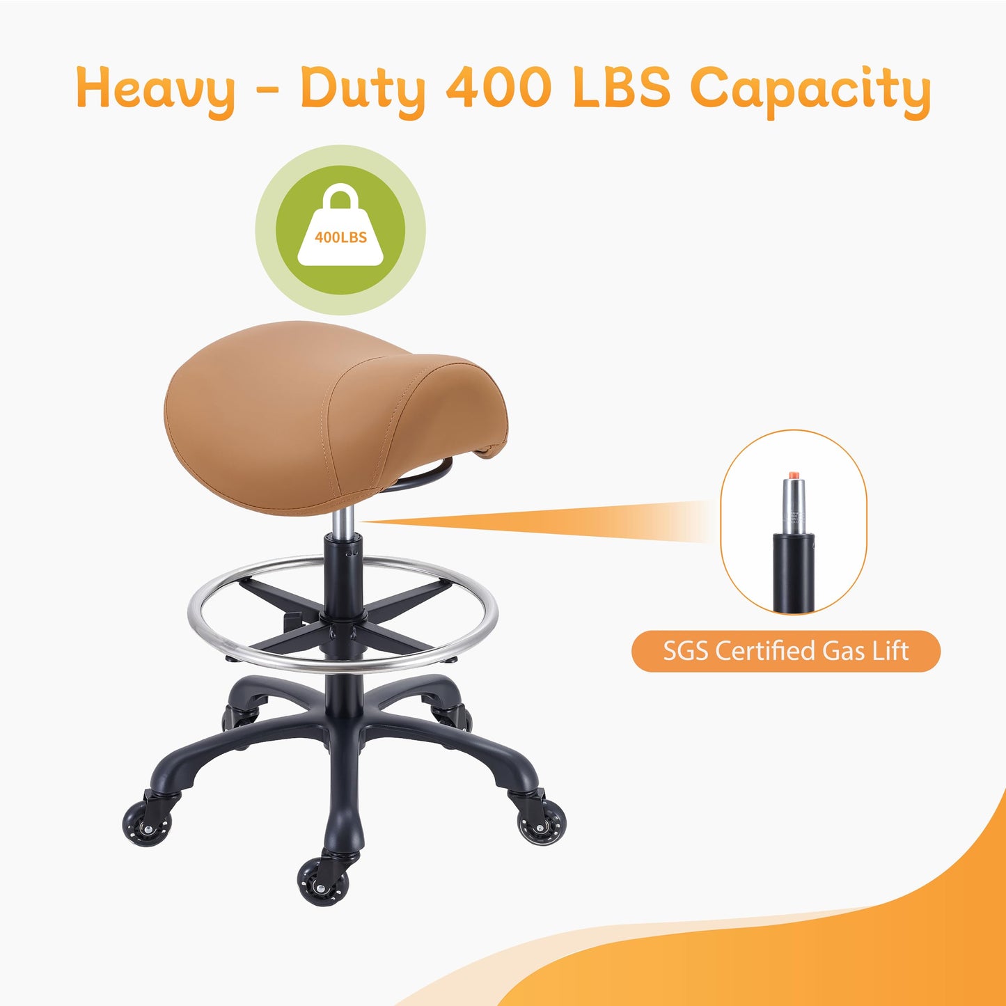 Coczeb Saddle Salon Stool with Footrest,Heavy Duty, Adjustable Height, Rolling Esthetician Chair for Tattoo Spa Medical Dentist Clinic(Brown)