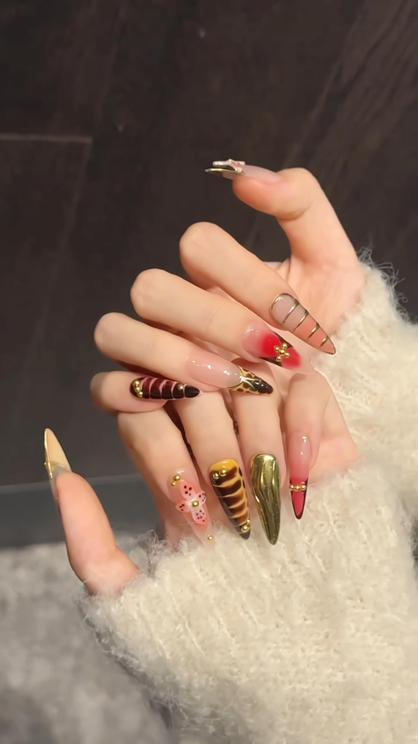 Long Press on Nails Handmade Almond Fake Nails French Tip False Nails 3D (S)