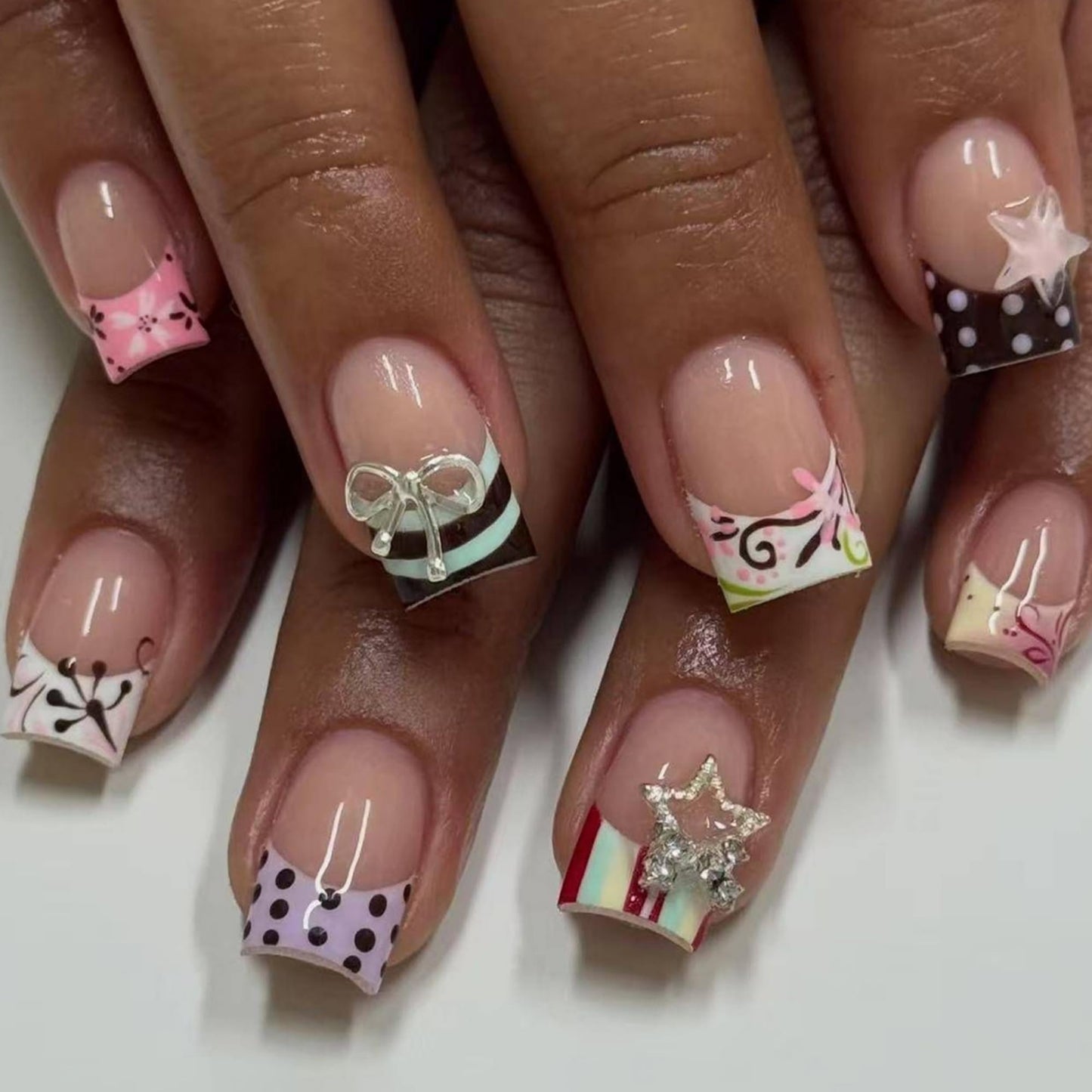 OCTOSWAVE Square Short Press on Nails with 3D Bows, Stars, Stripes & Polka Dots - 24Pcs Acrylic Fake Nails - Trendy Nail Art for Parties, Outdoors & Office