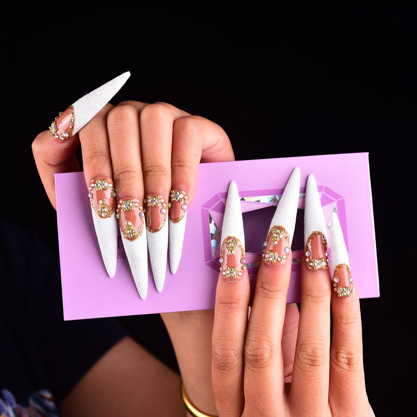 Tmani 10pc/set Extra Long Handmade Press On Nail Hot Girl's Long Ballet Nails Pointed Nail Full of Diamond Glitter Decoration Fake Nails Suitable For Girls Festival Parties and Birthday Gift（143,S)