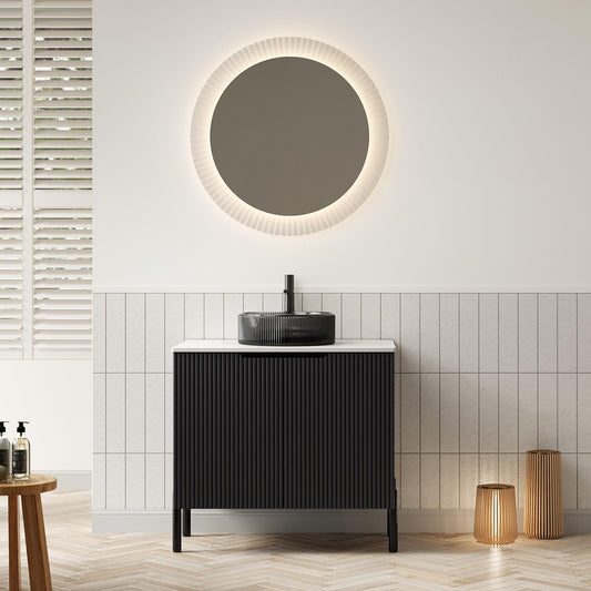 GDFStudio 30" Freestanding Bathroom Vanity with Sink, Turio Black Storage Cabinet with Double Doors, Carrara White Sintered Stone Countertop, Soft Close System, Modern Black Round Glass Basin