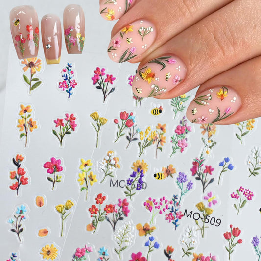 Flower Nail Stickers Small Floral Leaf Plant Nail Decals for Nail Art Design 3D Exquisite Wildflowers Nail Sticker Colorful Flower Adhesive Transfer Slider DIY Spring Tip Decor Manicure Accessory