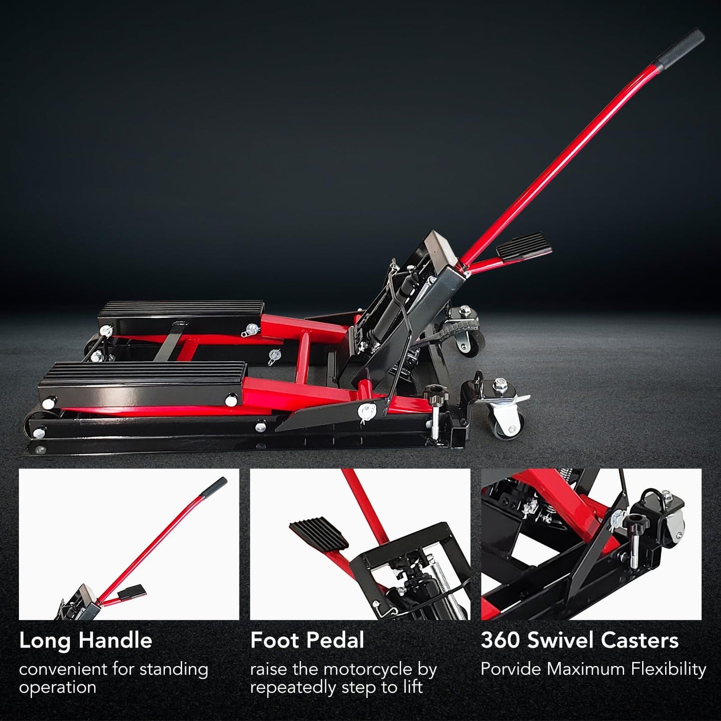 Hydraulic Motorcycle Lift Jack, 1500LB Capacity Scissor Jack for Dirt Bikes & ATVs, 4.7-14.57 Inch Lift Height, Non-Slip Platform & 360° Swivel Casters, Red Garage Lift