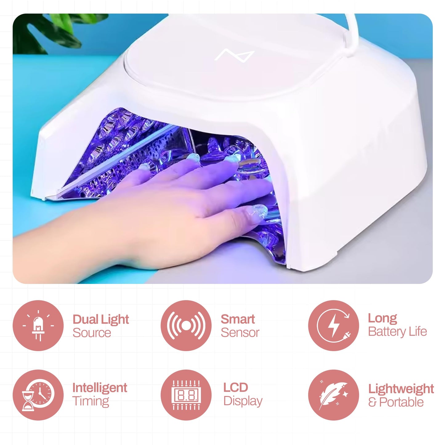 M - GlowPro Professional Hybrid 86W Wireless Rechargeable UV LED Nail Curing Lamp Cordless Nail Dryer for Gel Nails, Manicure, Pedicure (Red)