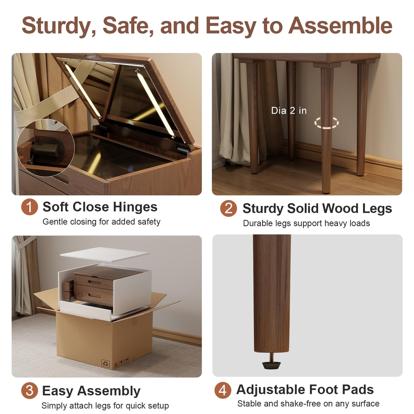 Muwuele Small Vanity Desk and Vanity Stool Bundle, Vanity Set with Mirror and Stool and Lights, Solid Wood Vanity Desk and Chair Set, Makeup Vanities & Vanity Benches (Vanity 19.6 inch Wide, Walnut)