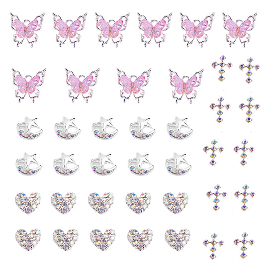 Bling Nail Charms Pink 3D Nail Charms and Gems Aurora Butterfly Cute Silver Cross Star Charms Chrome Heart Silver Y2K Nail Gems with Rhinestones Metallic Nail Art Accessories