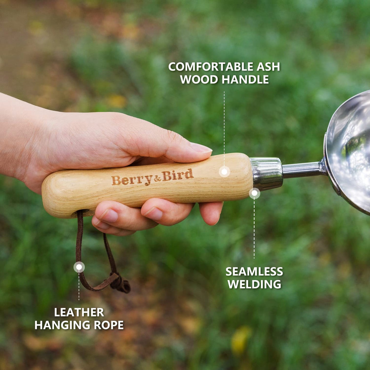 Berry&Bird Garden Loose Soil Scoop, Stainless Steel Hand Shovel Spade with Wood Handle Multi Function Gardening Trowel Spoons for Transplanting, Digging, Planting, Cultivation