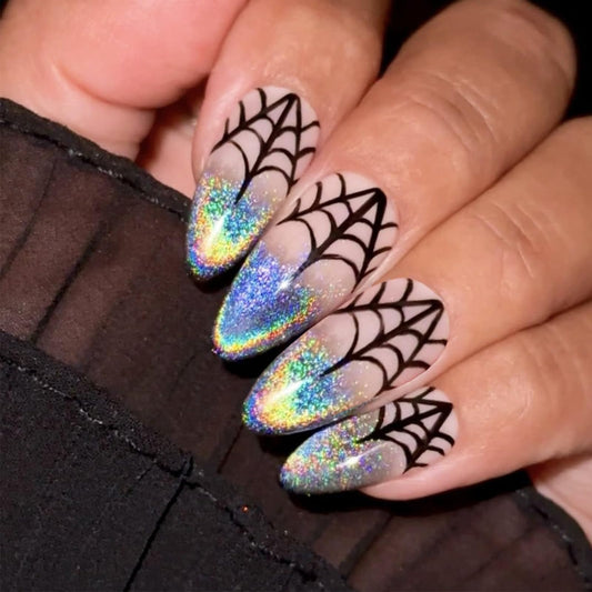 Halloween Press on Nails Medium Almond NEWSPIED Blue Laser Glitter French Tip Fake Nails with Spider Web Designs Reusable Halloween Glue on Nails Glossy Artificial Nails Sets for Women and Gilrs 24Pcs