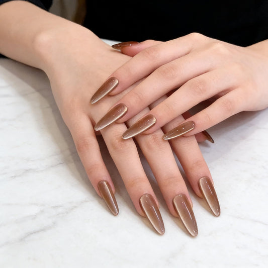 C.Z.Z.T.T.NAILS 30pcs Press On Nails, Almond Shape Coffee Cat Eye with Jelly Glue, Reusable and Perfect for Women