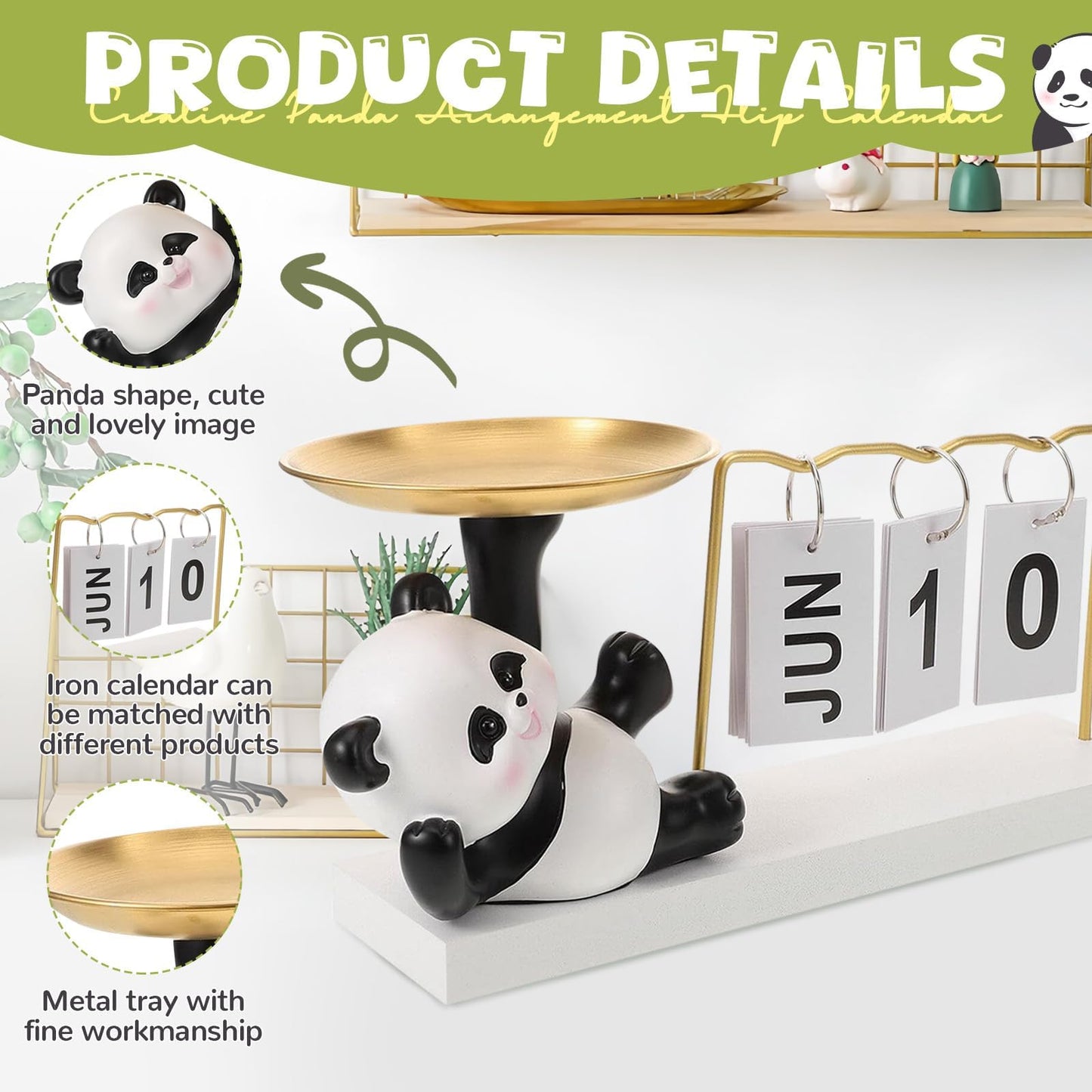 Cute Panda Metal Flip Calendar with Wooden Base,Daily Perpetual Desk Calendar with Organizer Tray,Reusable Modern Desktop Calendar for Home Office Desk Decor