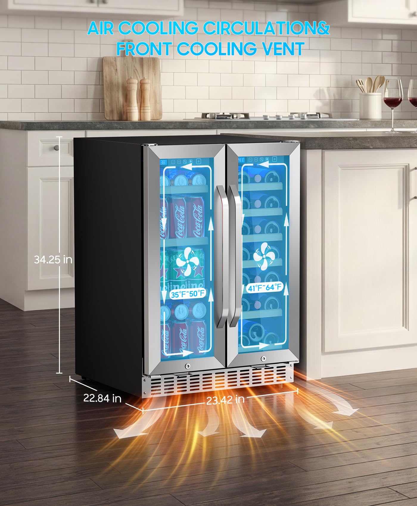 EORICE Wine and Beverage Refrigerator with Glass Door, 24-Inch Dual Zone Wine Fridge Under Counter - 21 Bottle and 60 Can Large Capacity Led Blue Light Smart Fast Cooling Wine Cooler Drink Fridge