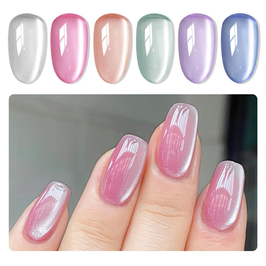 MIZHSE Cat Eye Gel Nail Polish, Moonlight 6 Colors Ceramic Magnetic Gel Polish Set with Magnet Stick, Crystal Silver Pink Green Blue Purple Magnetic French Nail Polish Kit Gift Set