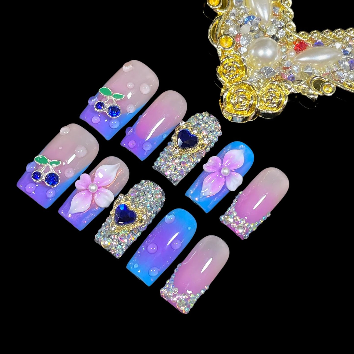 Handmade Press On Nails, Medium Short Square, Pink Blue Ombre with 3D Flowers, Bling Rhinestone Cherry Design, Reusable Acrylic False Nails (Sapphire, M)