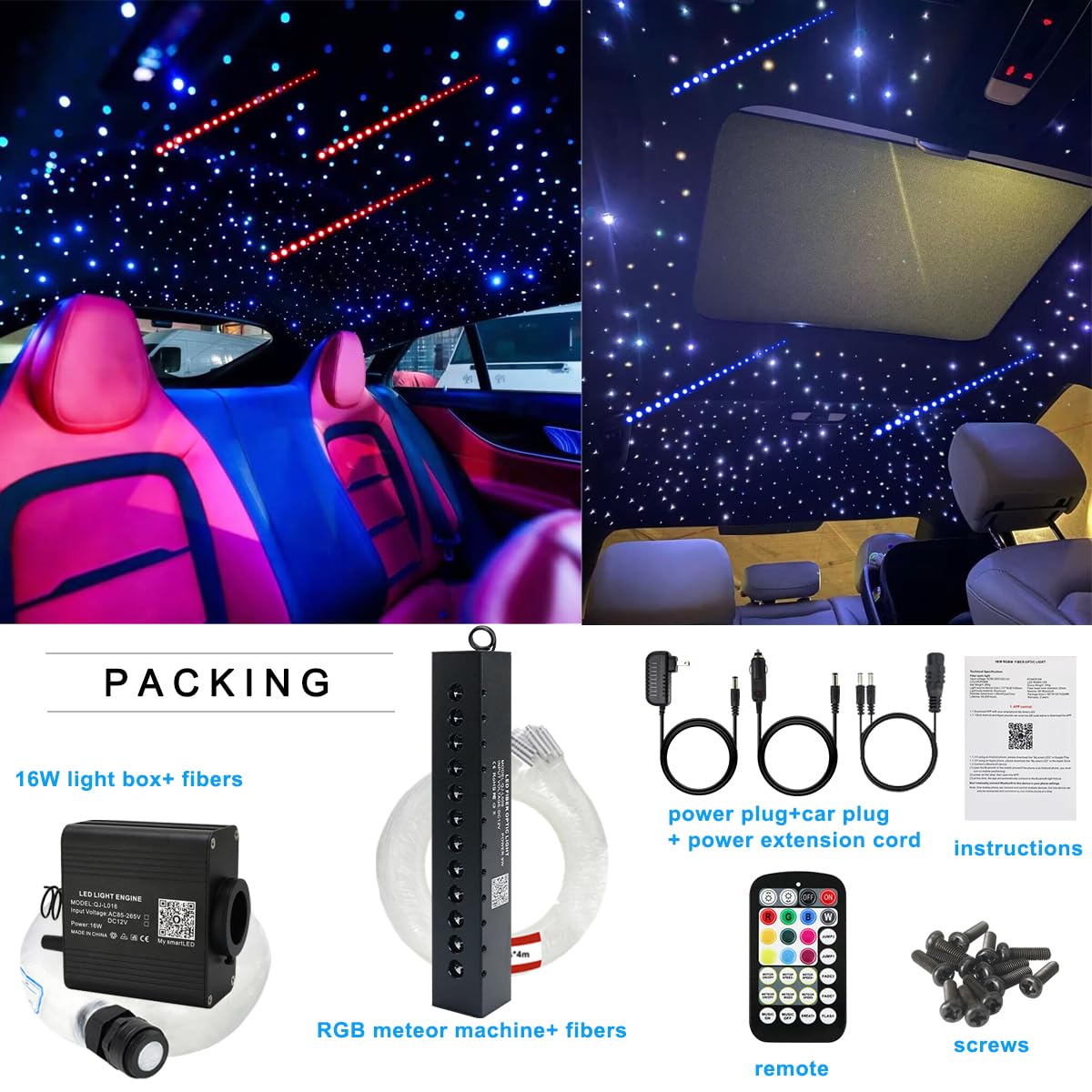AZIMOM 16W Twinkle & Sound Activate 550pcs*0.03in*9.8ft Fiber Optic Starlight Headliner Kits+RGB Meteor Shooting Star,APP& Remote Control Light Engine End Glow Fiber Strands Home Car Ceiling Décor