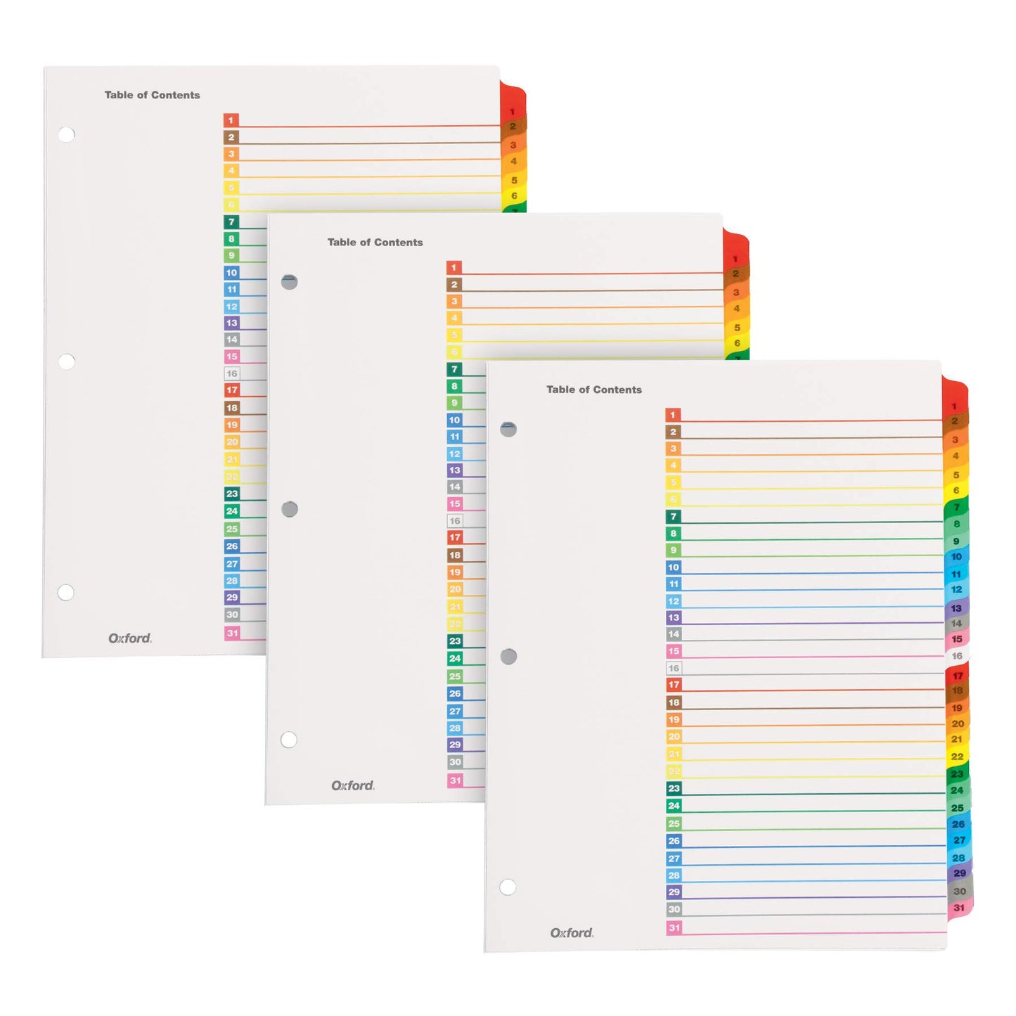 Oxford Binder Dividers, 31 Tabs, Numbered 1–31, 3 Pack, Customizable Table of Contents Page, Reversible Multicolor Tabs, 3-Hole Punched for Binders