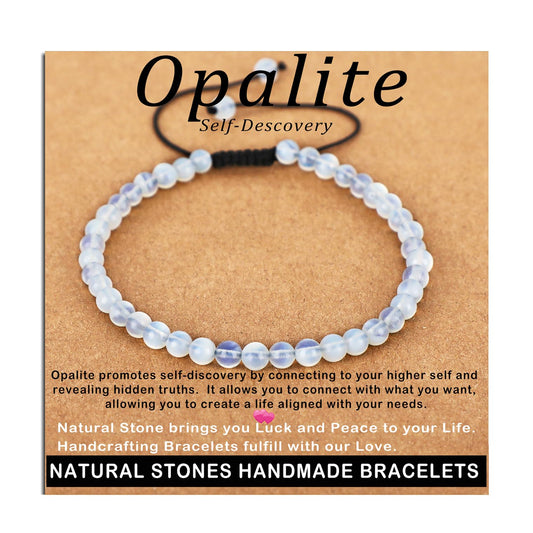 AD Beads 4mm Opalite - Self-Descovery - Handmade Natural Stone Crystal Bracelet with Adjustable Macrame String - Yoga Healing Power Energy Gifts for Men and Women