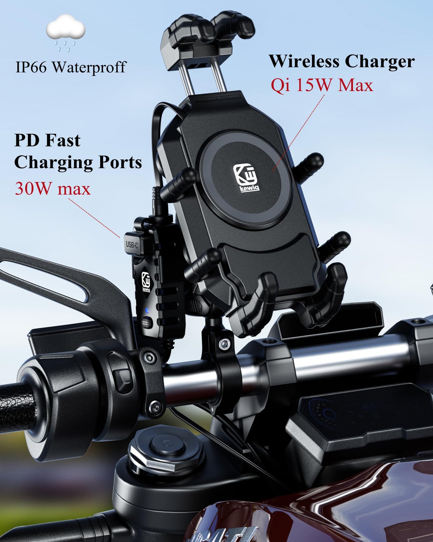 BRCOVAN Motorcycle Phone Mount Holder with Qi 15W Wireless Charger & 30W PD/USB-C Fast Charging Port, Anti-Theft Handlebar Cellphone Cradle with Vibration Dampener, Adjustable for 5.4-7.2'' Smartphone