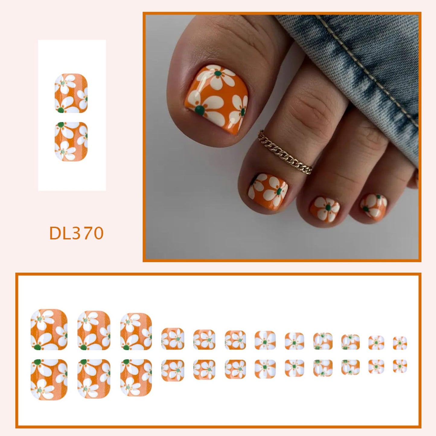 Summer Press on Toenails Short Square Orange Glossy Fake Toenails Cute White Flower Toe Nail Press ons Reusable Acrylic Stick on Toe Nails for Women Daily Vacation Manicure 24Pcs