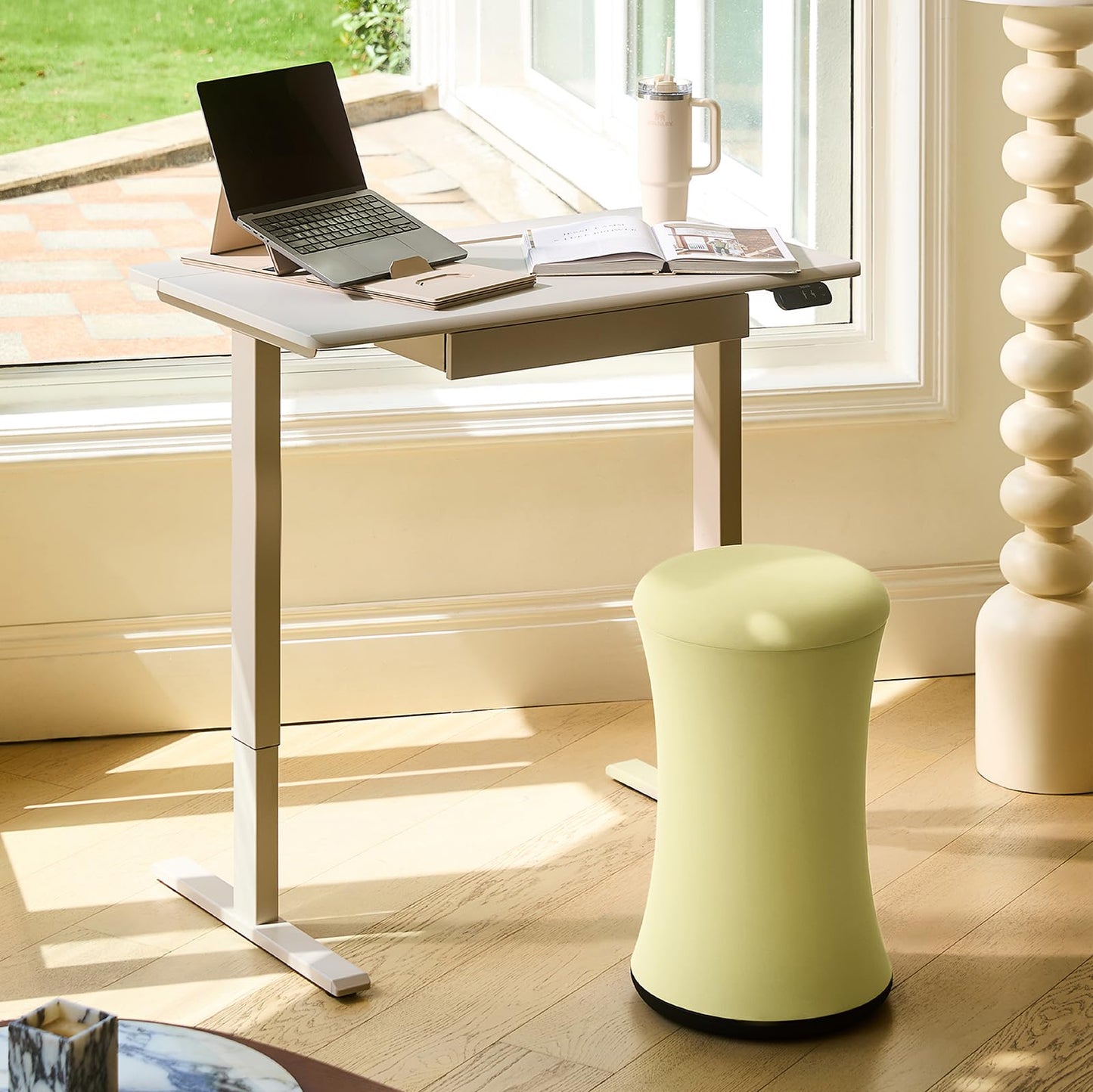 TopJob AnyDesk Hub Electric Standing Desk, Height Adjustable Small Desk with Built-in Drawer & Wide Desktop Wire Slot & Cable Management, Curved Waterfall Edge, 2 Memory Settings (Cream)