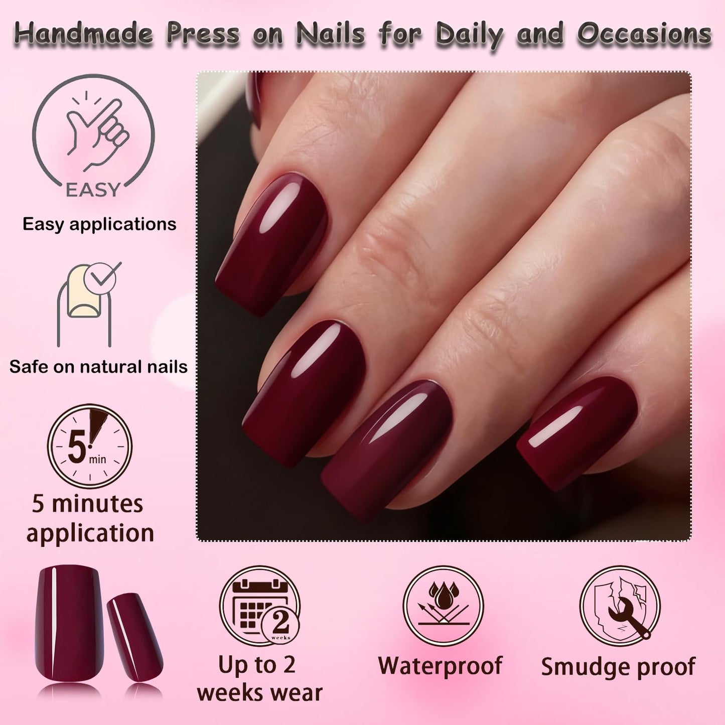 LoveOurHome 240pc Christmas Wine Red Press on Nails Medium Square Fake Nails Press ons Square Nail Tips Gel False Nails Presson Artificial Fingernails & Glue Adhesive Tabs Women Girls Manicure Decor