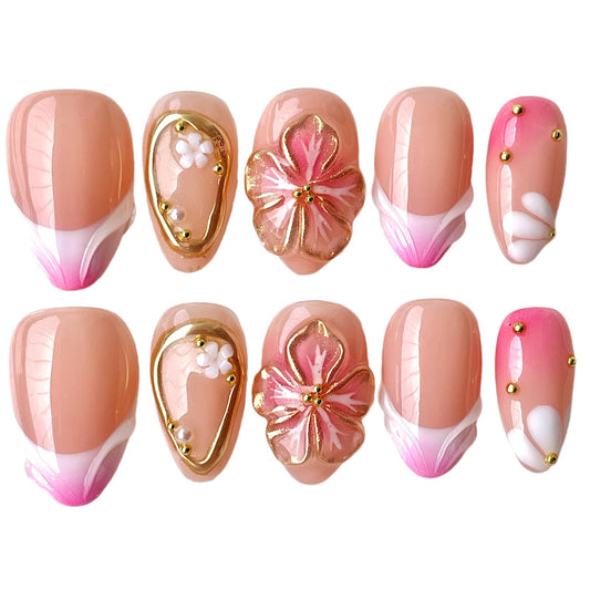 Handmade Press on Nails -3D Floral Pink Acrylic False Nails with Gold Lines and Pearls, Short Almond Shape, Reusable Glue-On Nail Art for Daily Use (Luminous, S)