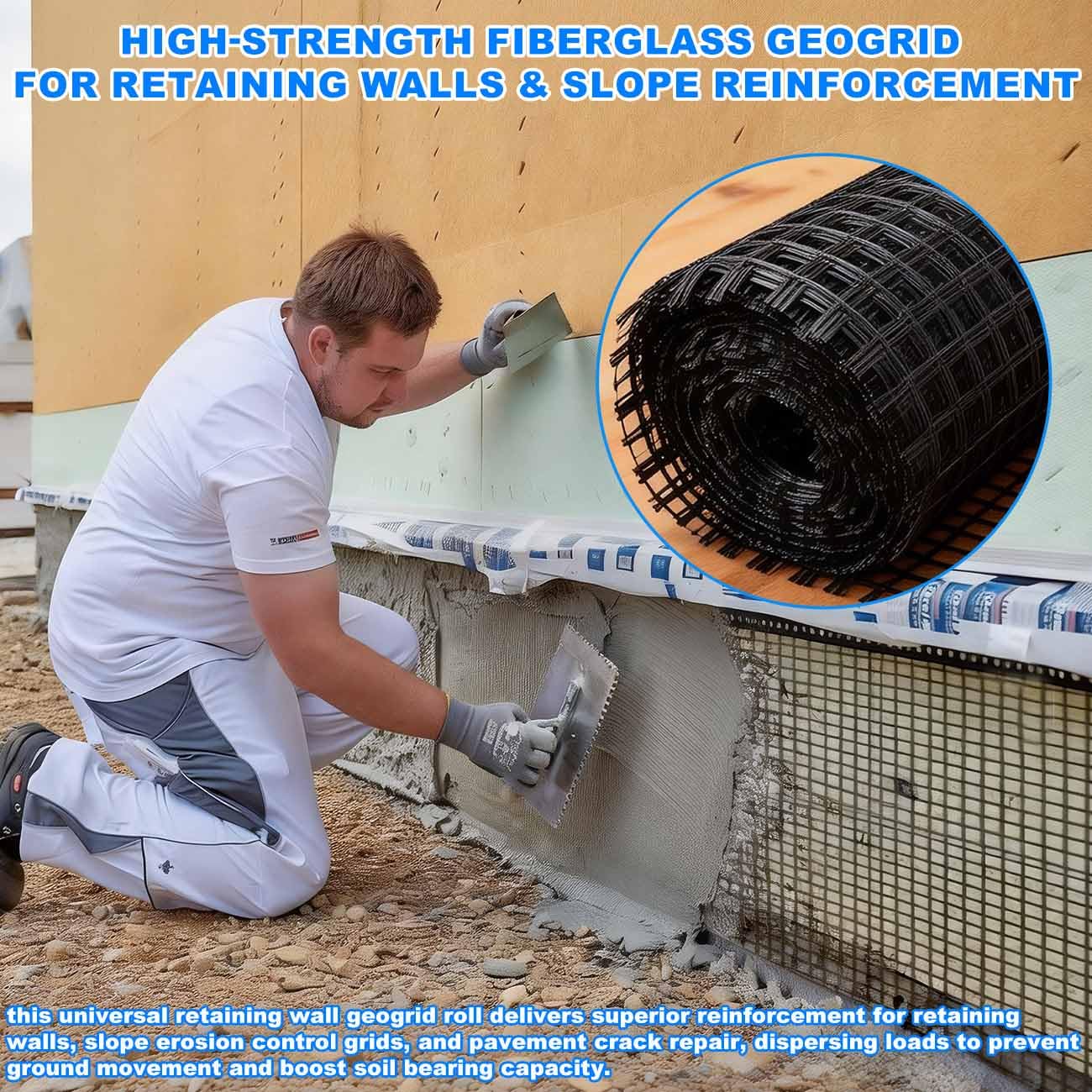Universal Retaining Wall Geogrid Roll, Fiberglass Geogrid, Gravel Driveway Stabilization Geo Grid, 50KN Tensile Strength for Retaining Walls, Slope Reinforcement, Pavement Crack (3FT x 133FT)