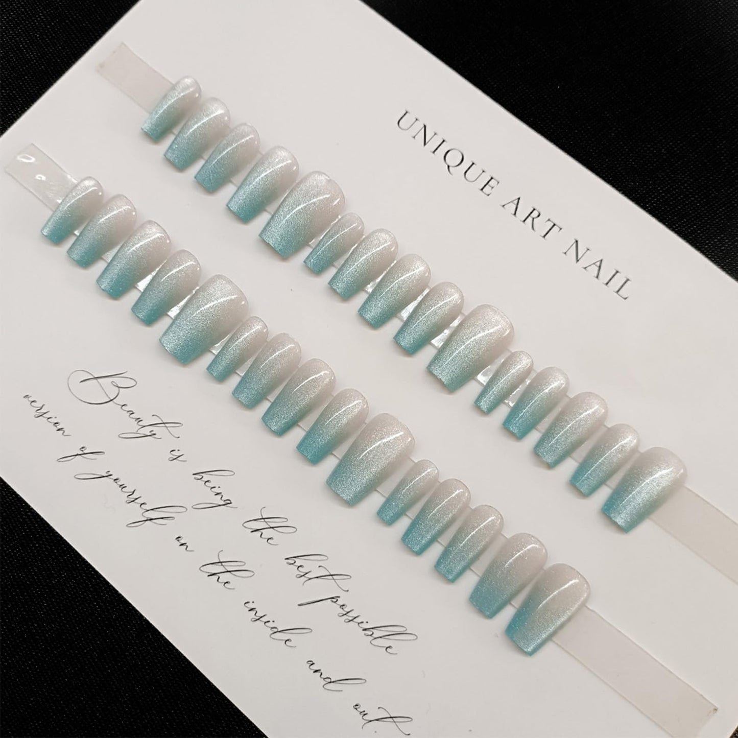 Sparkle Blue Press on Nails Blue Glitter Ombre Fake Nails Glossy Silver Sparkly False Nail Medium Coffin Reusable French Tips Stick on Artificial Fingernails for Women Elegant Style