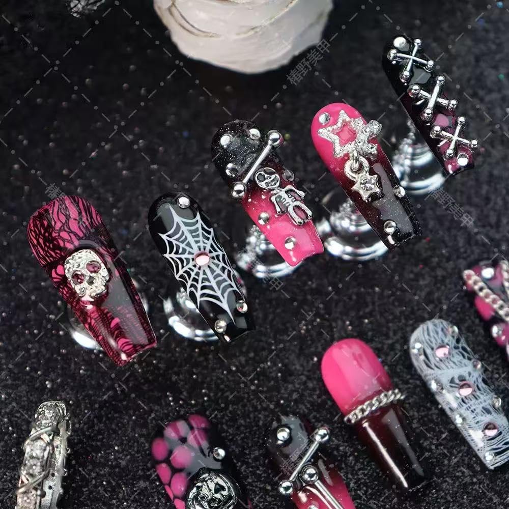Handmade Press on Nails Halloween Nail Press ons Long Coffin Fake Nails with Pumpkin Skeleton Star Charms Design Ombre Black Pink False Nails Reusable Halloween Handmade Nail for Women Size L