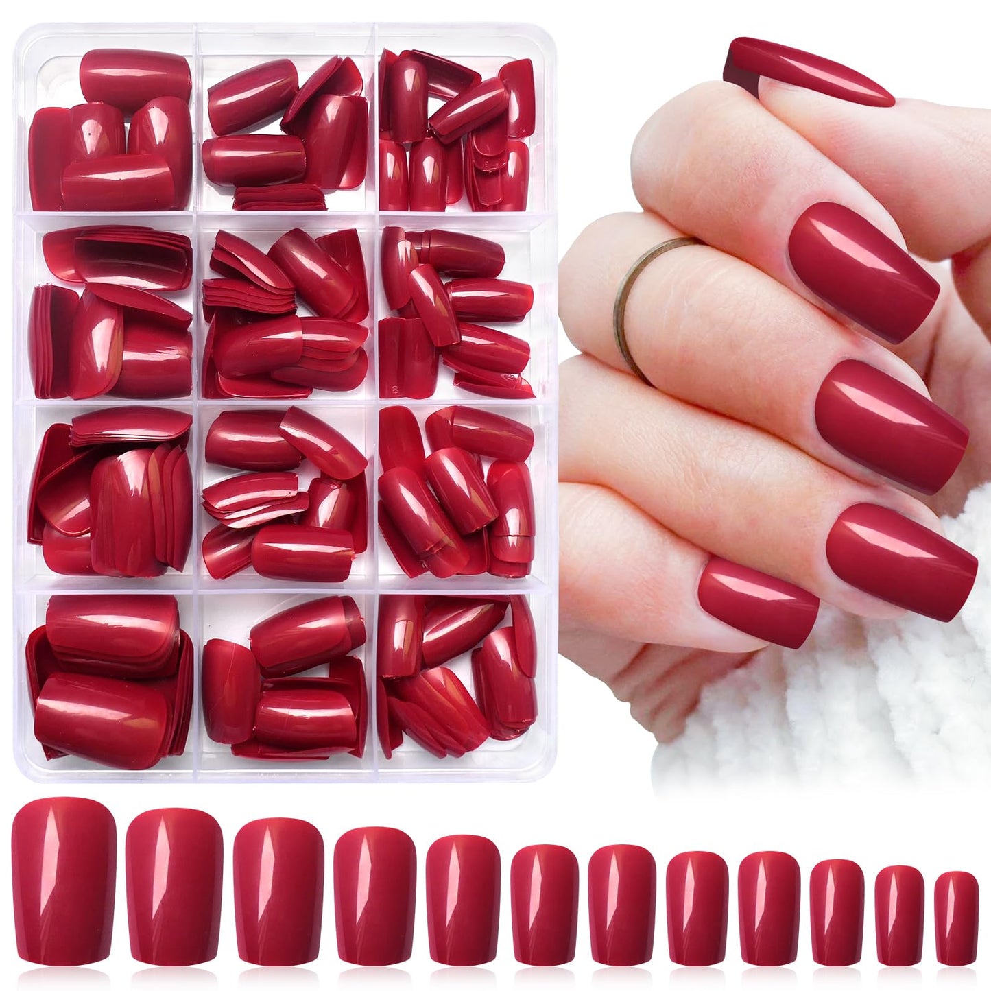 LoveOurHome 240pc Red Press on Nails Medium Square Fake Nails, Red Glue on Nail Press ons Square Nail Tips Medium False Nails Presson Artificial Fingernails with Tabs for Women Girls