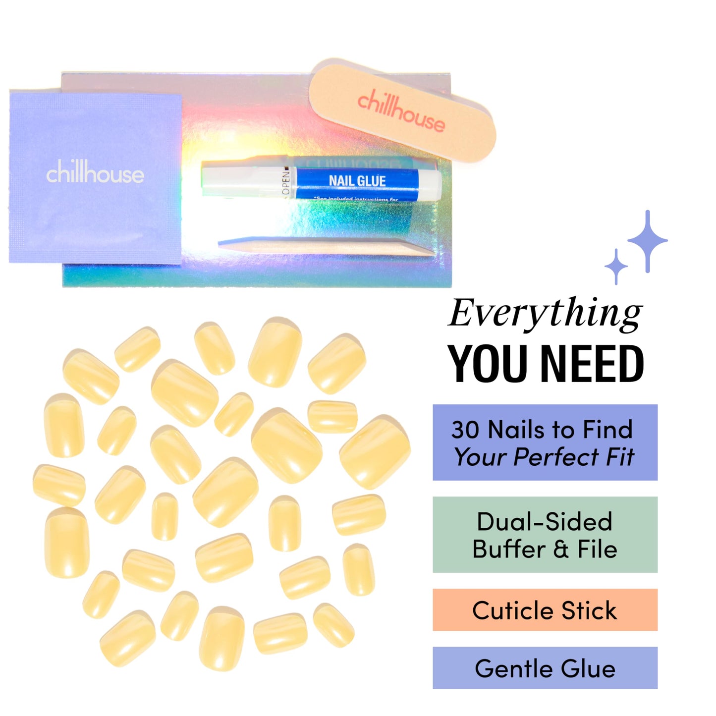 Chillhouse - Chill Tips, Press on Nails Kit - Yellow Chill Road (Square - Short) - 30 Nail Shapes & Sizes - Up to 2 Weeks of Wear - Customizable - Reusable - Women Owned - Beauty & Self Care