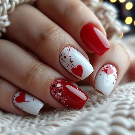 24Pcs Valentines Press on Nails Short Square Red Heart Fake Nails Red Love Design Glue on Nails Glossy Curve Dots False Nails for Women Valentine Nail Decoration for Women Gift
