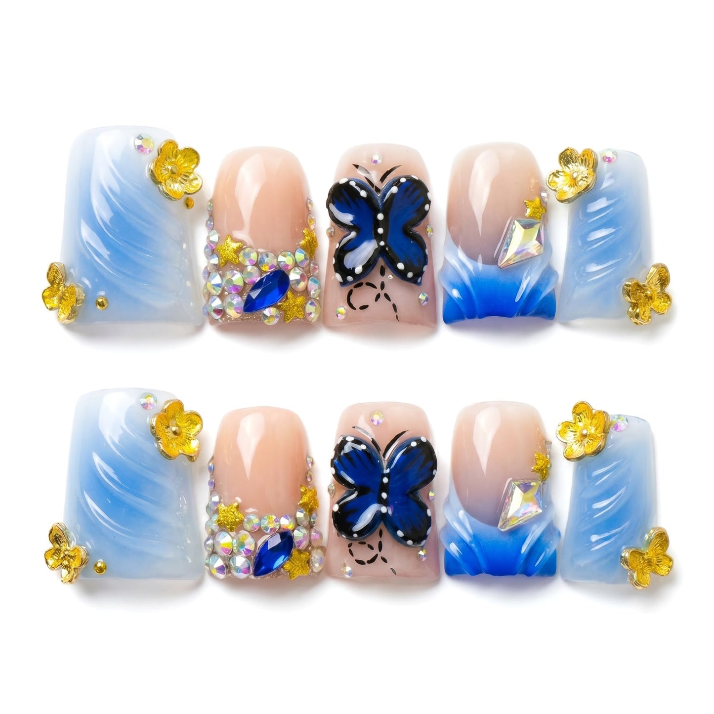 Luxury Handmade Press on Nails Medium Duck Bill Fake Nails Summer with Rhinestones Flowers Design False Nails Press Ons Reusable Full Cover Stick on Nail for Women Manicure 10Pcs (Size M)