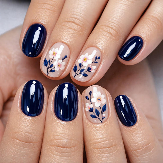 24pcs Blue Press on Nail Flower Fake Nails Glossy Full Cover Stick on Nail with Acrylic designs Floral Glue on Nails Reusable Short Square False Nails for Women Spring Summer Work Manicure