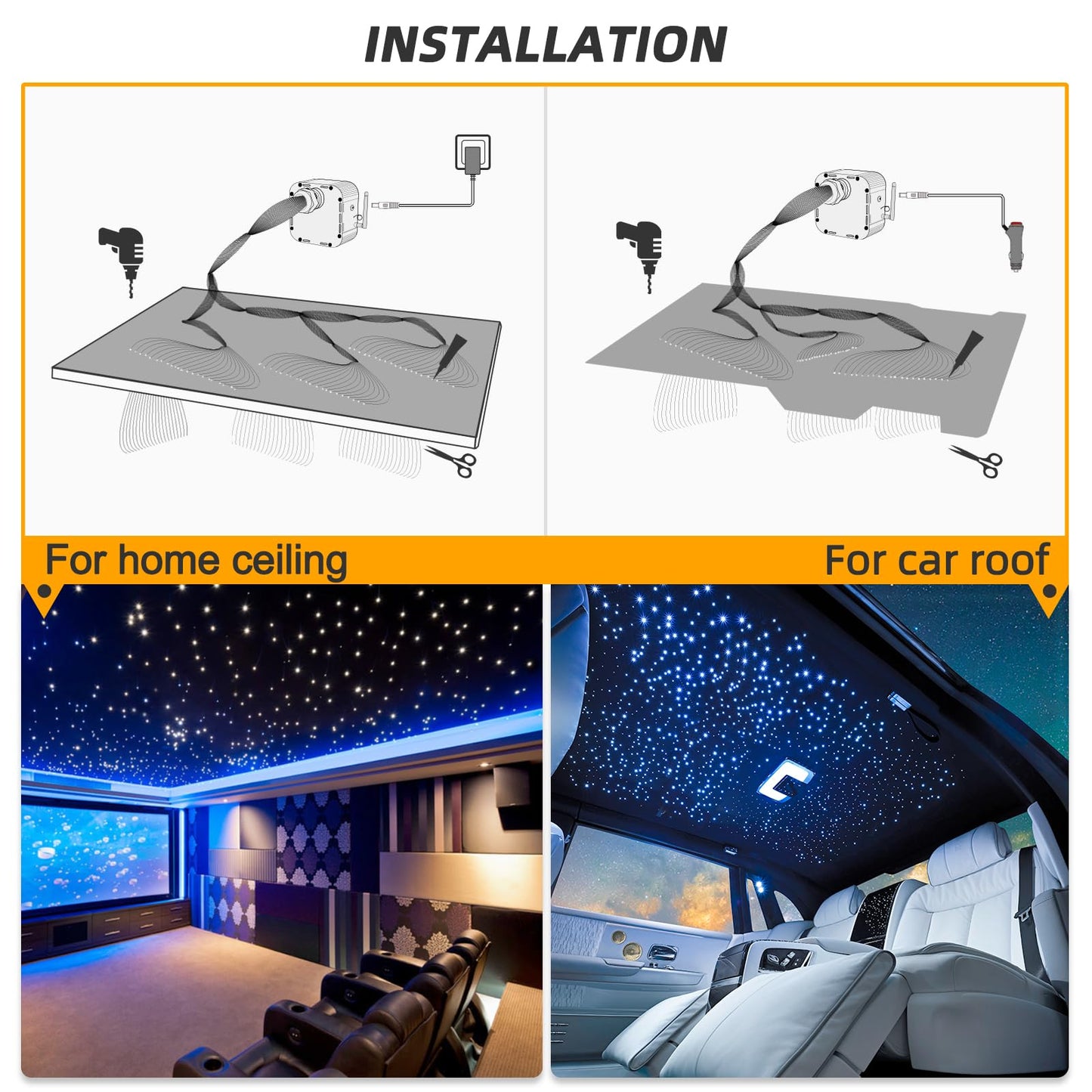 SUNKENET 32W Twinkle Starlight Headliner Kit, 800pcs of (0.03+0.04+0.06in)*13.1ft LED Fiber Optic Lights Kit, Star Ceiling Light+10 Crystals+Adapter+Cigarette Lighter for Car Roof/Home with Music Mode